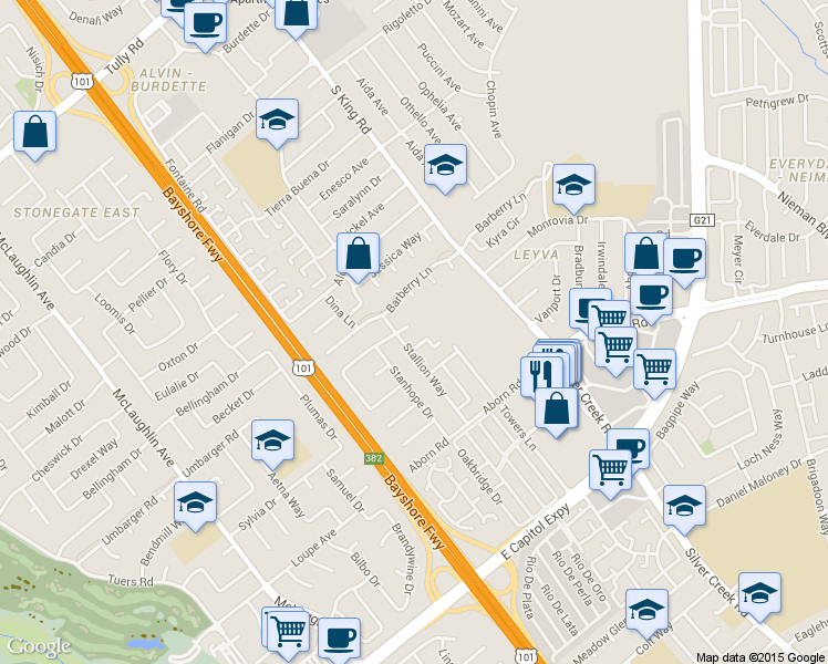map of restaurants, bars, coffee shops, grocery stores, and more near 2874 Stallion Way in San Jose