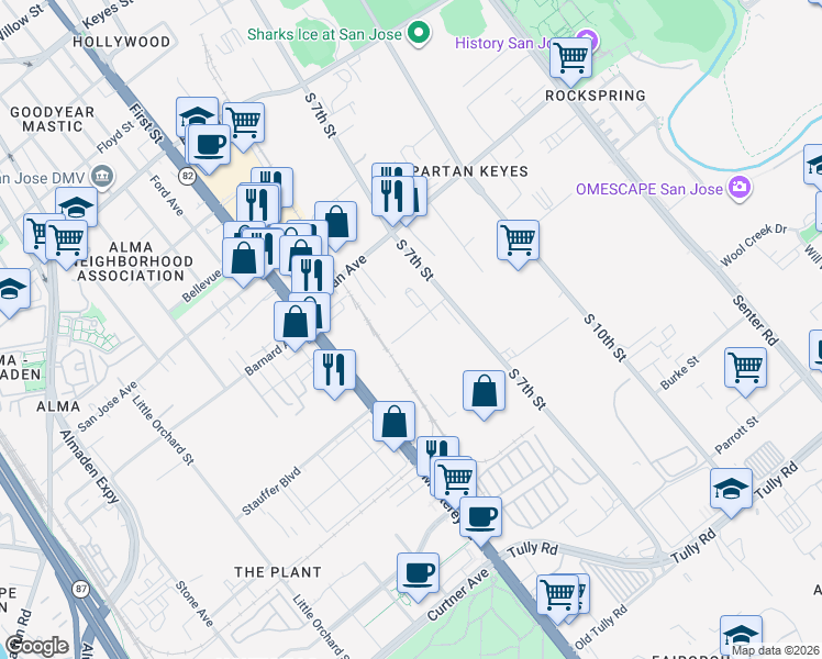 map of restaurants, bars, coffee shops, grocery stores, and more near in San Jose