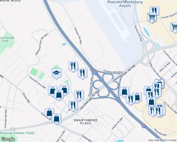 map of restaurants, bars, coffee shops, grocery stores, and more near 2705 Frontage Road Northwest in Roanoke