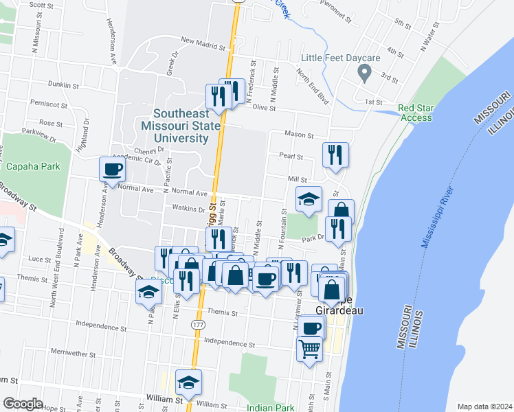 map of restaurants, bars, coffee shops, grocery stores, and more near 505 North Middle Street in Cape Girardeau