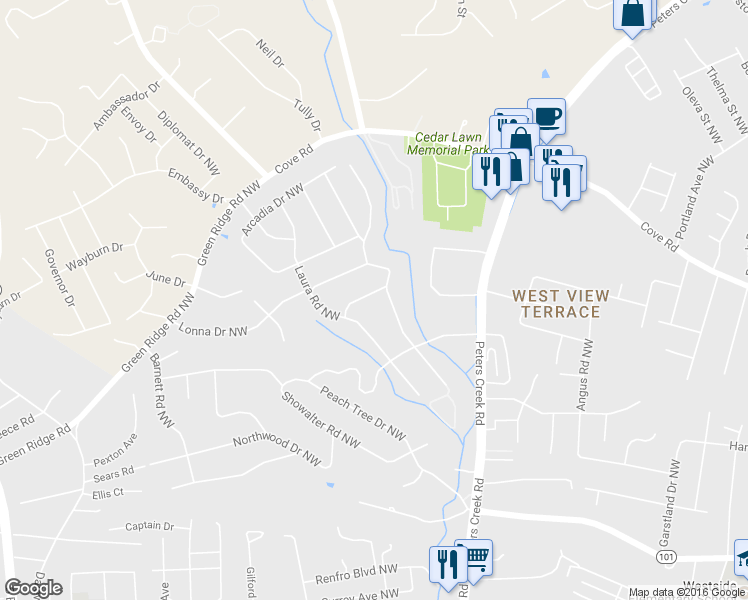 map of restaurants, bars, coffee shops, grocery stores, and more near 4612 Sloan Road Northwest in Roanoke
