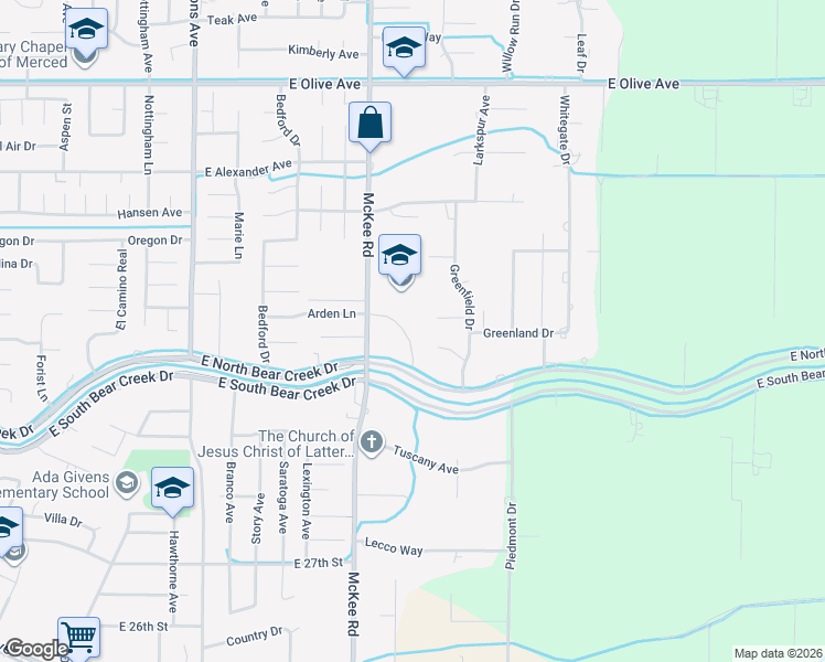 map of restaurants, bars, coffee shops, grocery stores, and more near 2851 Arden Lane in Merced