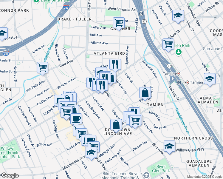 map of restaurants, bars, coffee shops, grocery stores, and more near 1130 Bird Avenue in San Jose