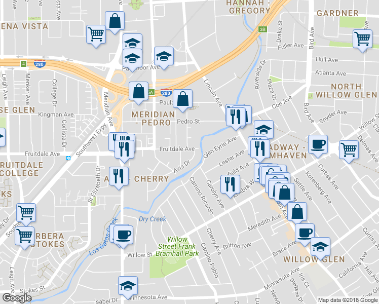 map of restaurants, bars, coffee shops, grocery stores, and more near 1196 Fruitdale Ave in San Jose
