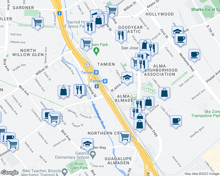 map of restaurants, bars, coffee shops, grocery stores, and more near 1375 Lick Avenue in San Jose