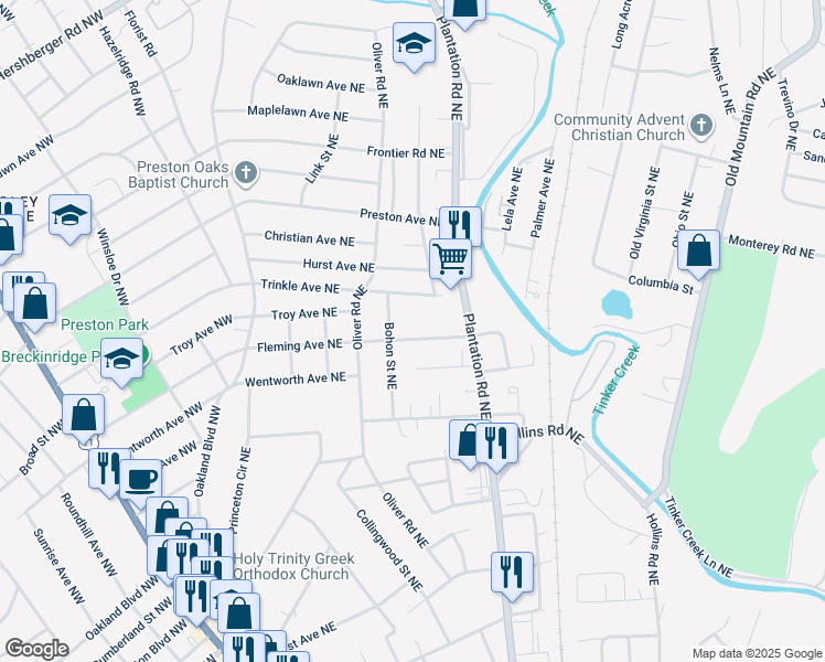 map of restaurants, bars, coffee shops, grocery stores, and more near 448 Fleming Avenue Northeast in Roanoke