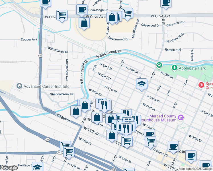 map of restaurants, bars, coffee shops, grocery stores, and more near 1429 West 21st Street in Merced