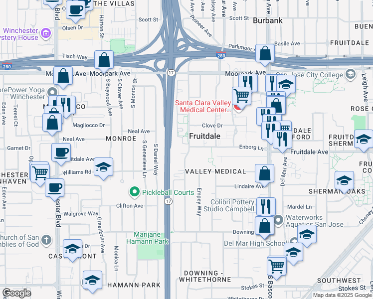 map of restaurants, bars, coffee shops, grocery stores, and more near 1207 Yarwood Court in San Jose