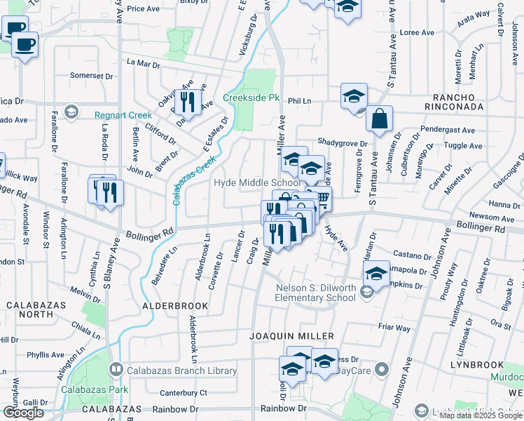 map of restaurants, bars, coffee shops, grocery stores, and more near 6352 Myrtlewood Drive in Cupertino