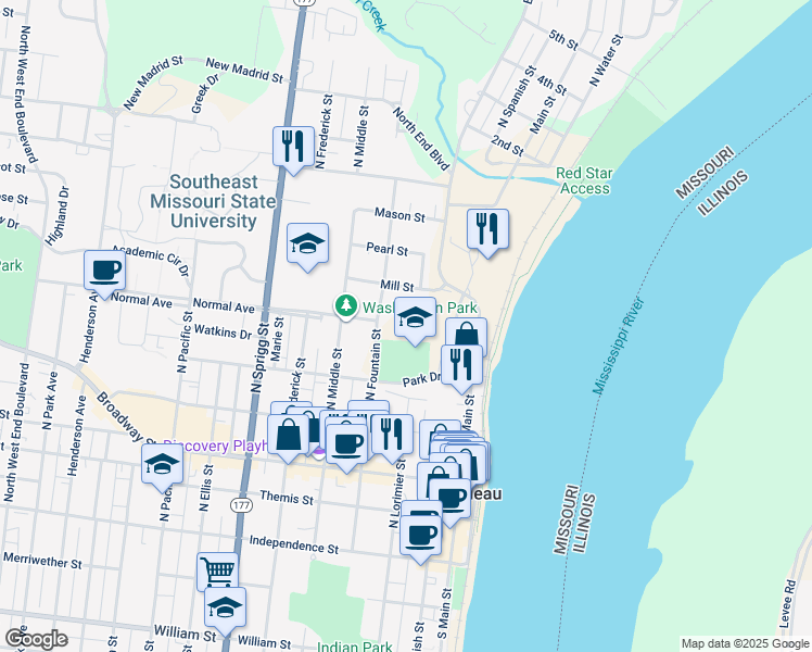 map of restaurants, bars, coffee shops, grocery stores, and more near 500 North Fountain Street in Cape Girardeau