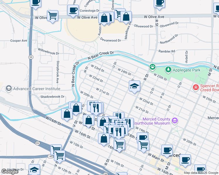 map of restaurants, bars, coffee shops, grocery stores, and more near 1340 West 22nd Street in Merced