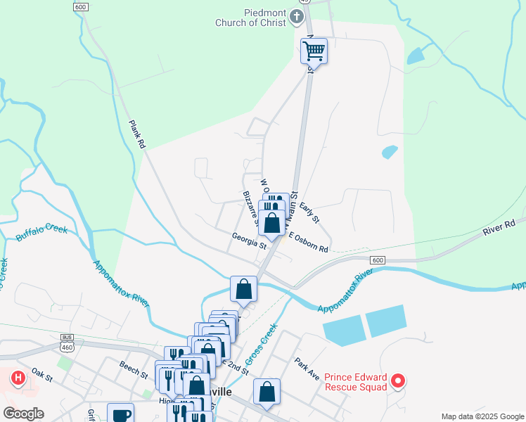 map of restaurants, bars, coffee shops, grocery stores, and more near 243 Jefferson Street in Farmville