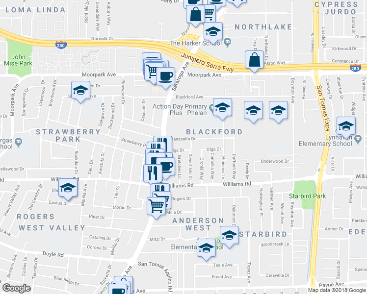 map of restaurants, bars, coffee shops, grocery stores, and more near 4139 Olga Drive in San Jose