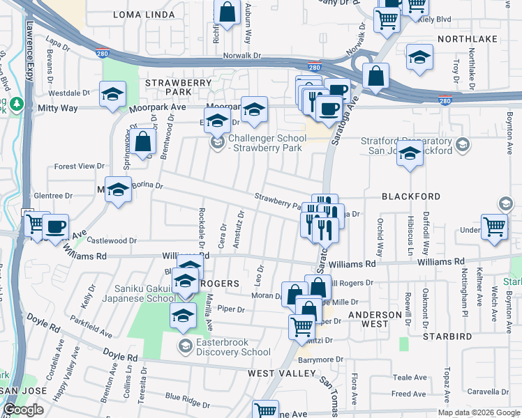 map of restaurants, bars, coffee shops, grocery stores, and more near 4497 Borina Drive in San Jose