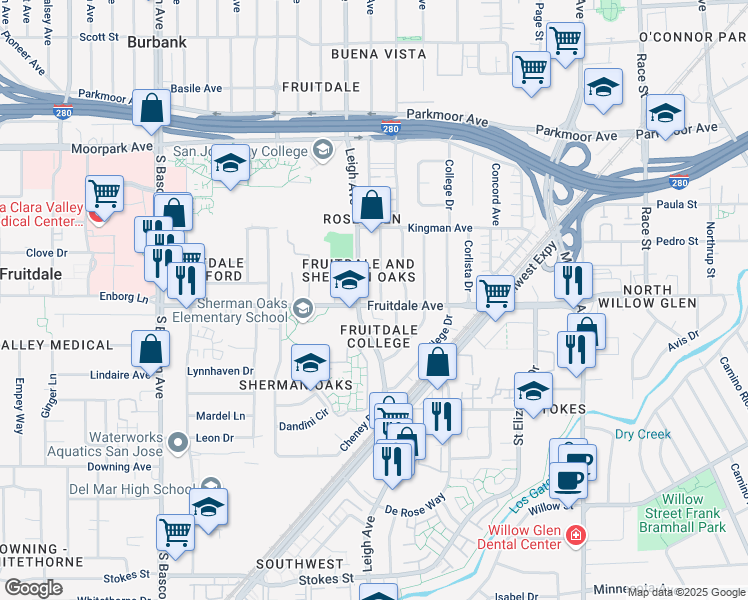 map of restaurants, bars, coffee shops, grocery stores, and more near 1707 Fruitdale Avenue in San Jose
