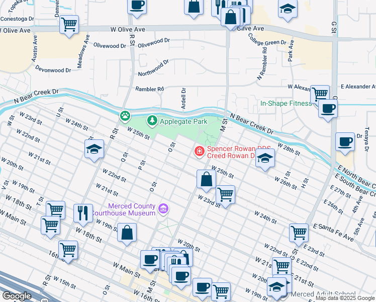 map of restaurants, bars, coffee shops, grocery stores, and more near 701 West 25th Street in Merced