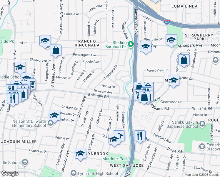 map of restaurants, bars, coffee shops, grocery stores, and more near 18720 Hanna Drive in Cupertino