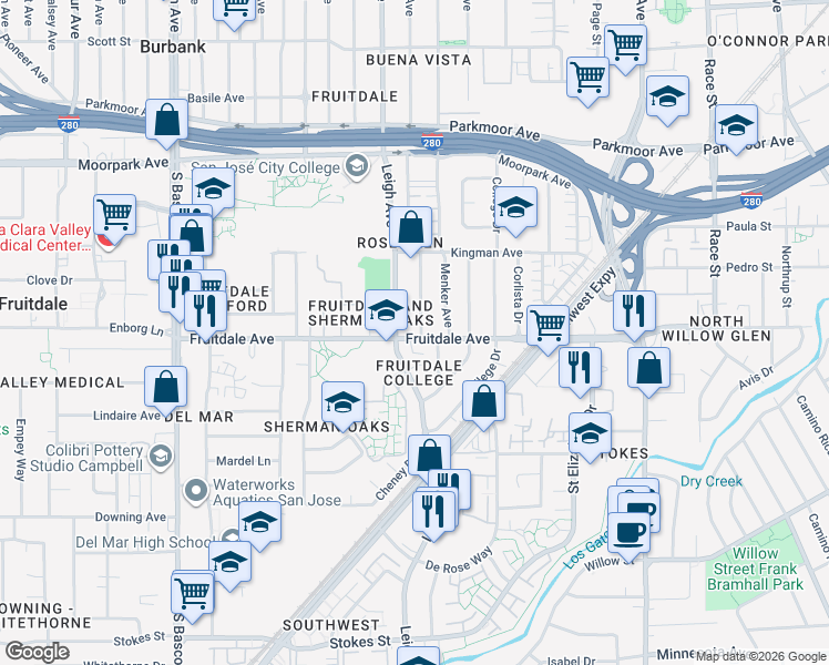 map of restaurants, bars, coffee shops, grocery stores, and more near 1707 Fruitdale Avenue in San Jose