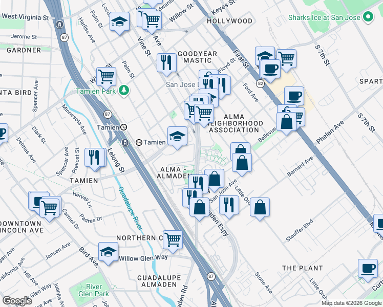 map of restaurants, bars, coffee shops, grocery stores, and more near 256 Shadow Run Drive in San Jose