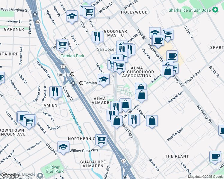 map of restaurants, bars, coffee shops, grocery stores, and more near 256 Shadow Run Drive in San Jose