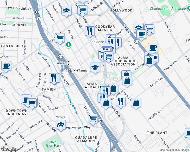 map of restaurants, bars, coffee shops, grocery stores, and more near 314 Shadow Run Drive in San Jose