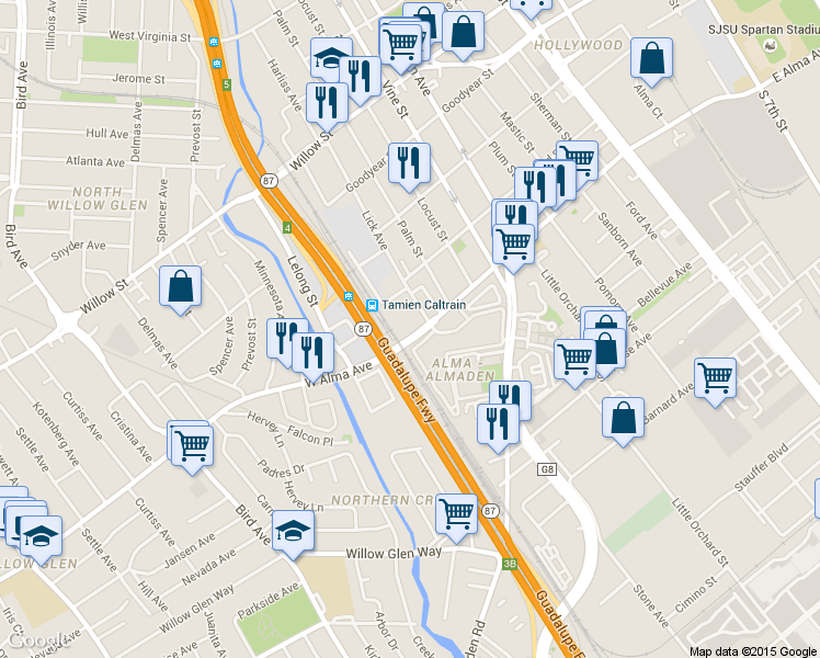 map of restaurants, bars, coffee shops, grocery stores, and more near 1375 Lick Avenue in San Jose