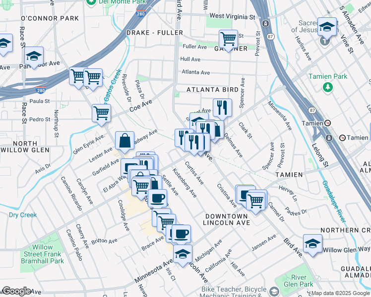 map of restaurants, bars, coffee shops, grocery stores, and more near 916 Chabrant Way in San Jose