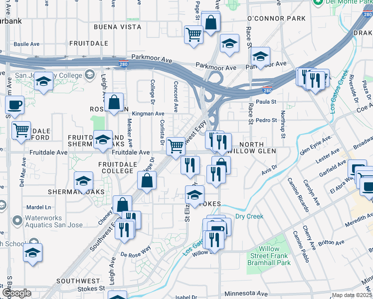 map of restaurants, bars, coffee shops, grocery stores, and more near 1445 Fruitdale Avenue in San Jose