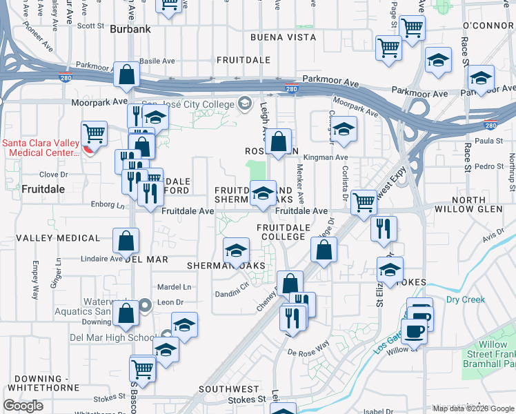 map of restaurants, bars, coffee shops, grocery stores, and more near 1865 Fruitdale Avenue in San Jose