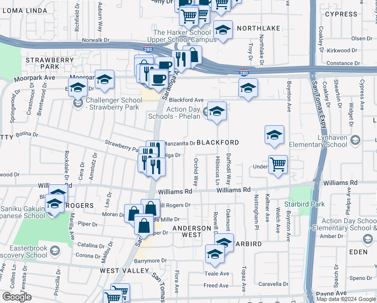 map of restaurants, bars, coffee shops, grocery stores, and more near 4055 Olga Drive in San Jose