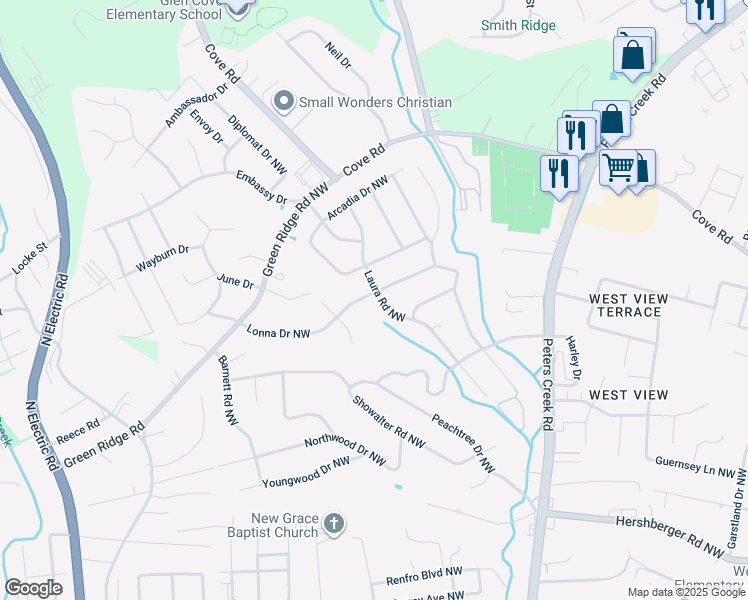 map of restaurants, bars, coffee shops, grocery stores, and more near 1500-1518 Lonna Drive Northwest in Roanoke