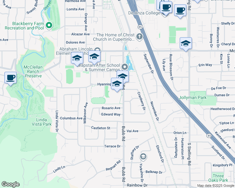 map of restaurants, bars, coffee shops, grocery stores, and more near 821 Bubb Road in Cupertino