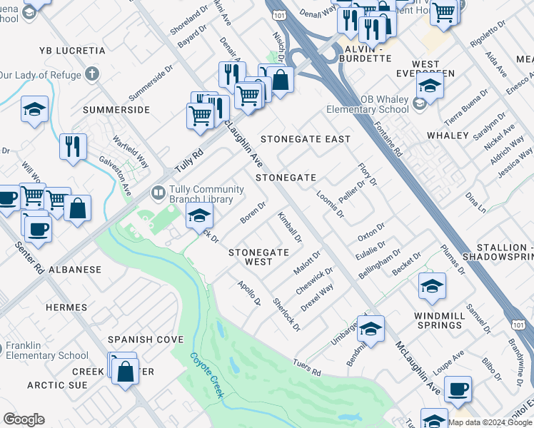 map of restaurants, bars, coffee shops, grocery stores, and more near 1073 Idlewood Drive in San Jose