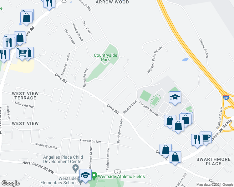 map of restaurants, bars, coffee shops, grocery stores, and more near 2045 Dansbury Drive Northwest in Roanoke