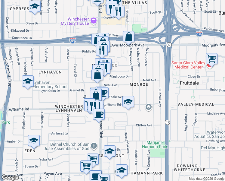 map of restaurants, bars, coffee shops, grocery stores, and more near 3028 Neal Avenue in San Jose
