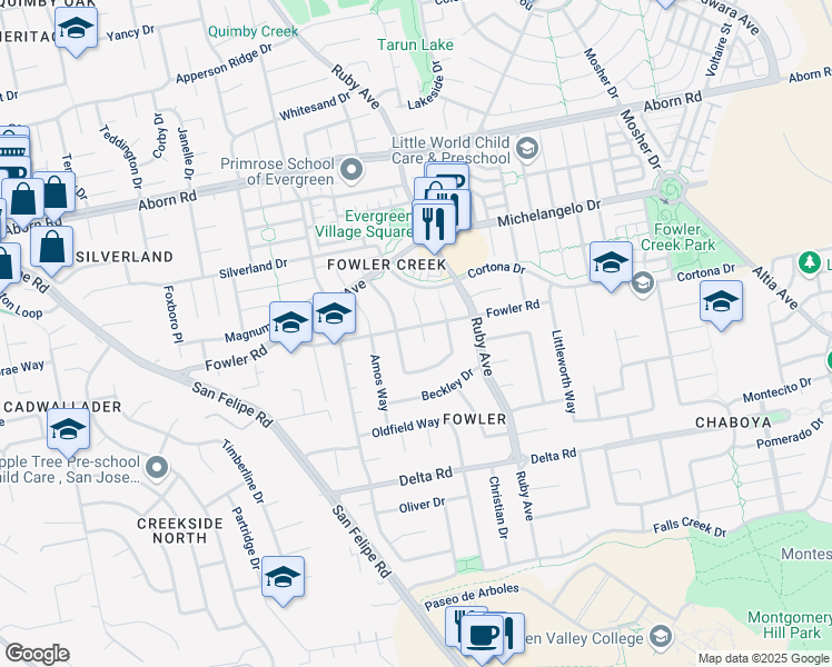 map of restaurants, bars, coffee shops, grocery stores, and more near 4077 Lawther Court in San Jose