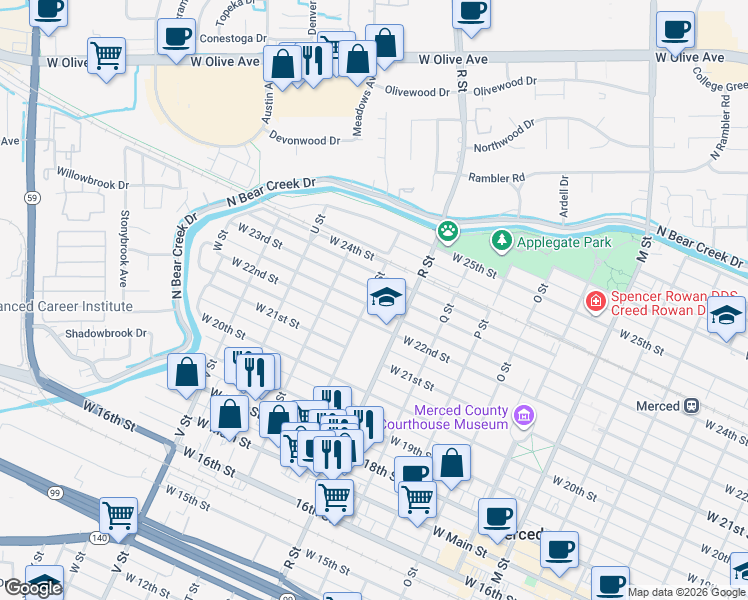 map of restaurants, bars, coffee shops, grocery stores, and more near 1160 West 23rd Street in Merced