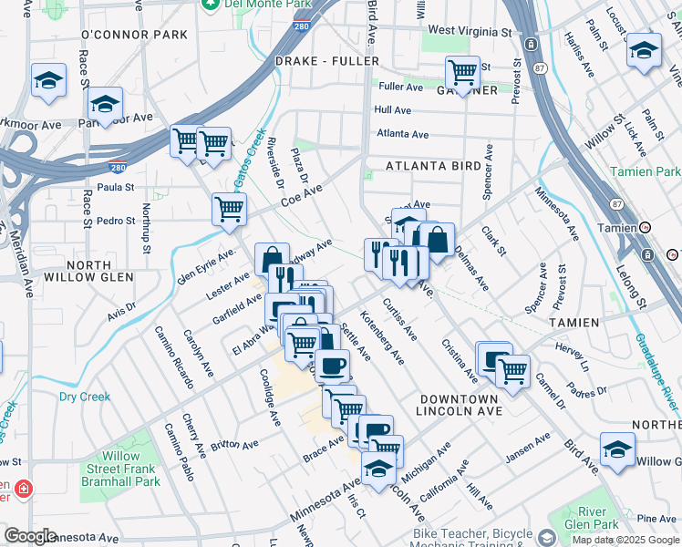 map of restaurants, bars, coffee shops, grocery stores, and more near 962 Patricia Way in San Jose