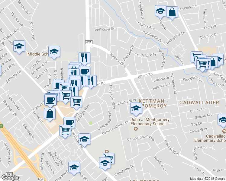 map of restaurants, bars, coffee shops, grocery stores, and more near 2107 Turnhouse Lane in San Jose