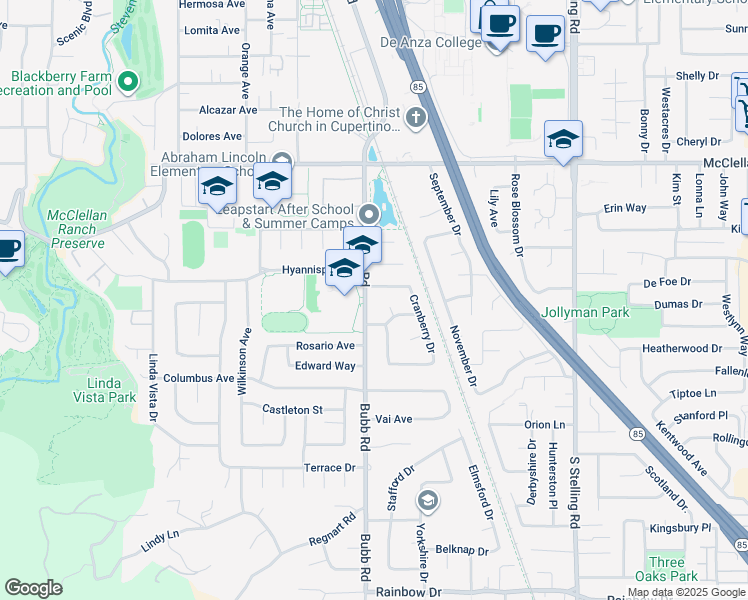 map of restaurants, bars, coffee shops, grocery stores, and more near 10826 Bubb Road in Cupertino