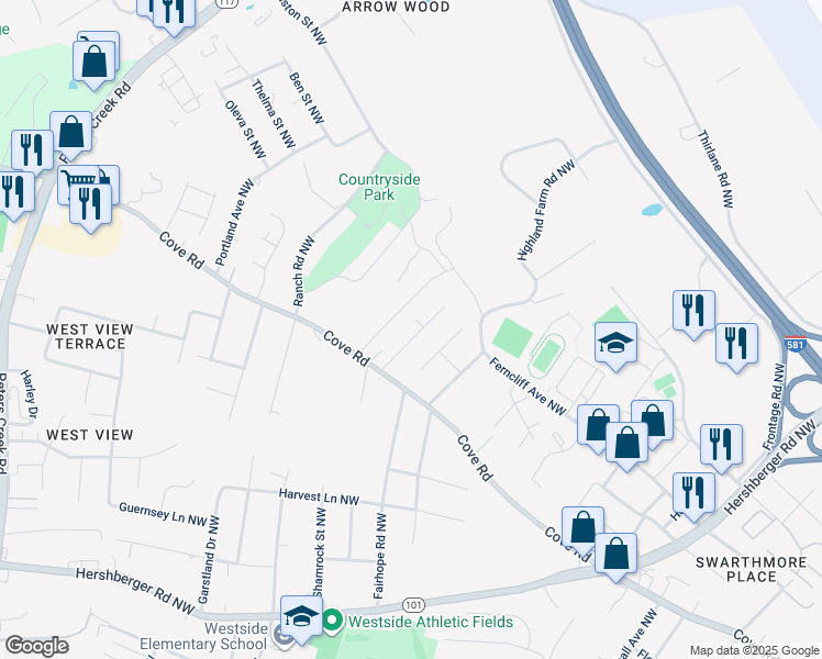 map of restaurants, bars, coffee shops, grocery stores, and more near 2045 Dansbury Drive Northwest in Roanoke