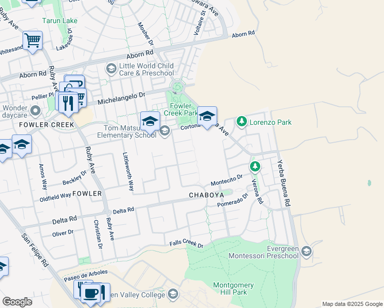 map of restaurants, bars, coffee shops, grocery stores, and more near 3328 Marcel Court in San Jose
