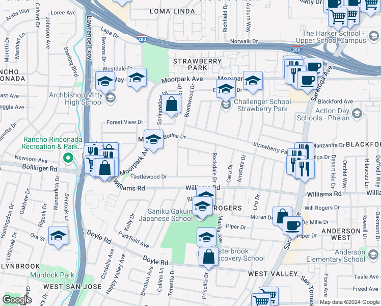 map of restaurants, bars, coffee shops, grocery stores, and more near 910 Longwood Lane in San Jose