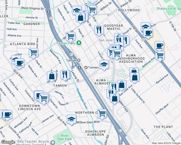 map of restaurants, bars, coffee shops, grocery stores, and more near 1375 Lick Avenue in San Jose