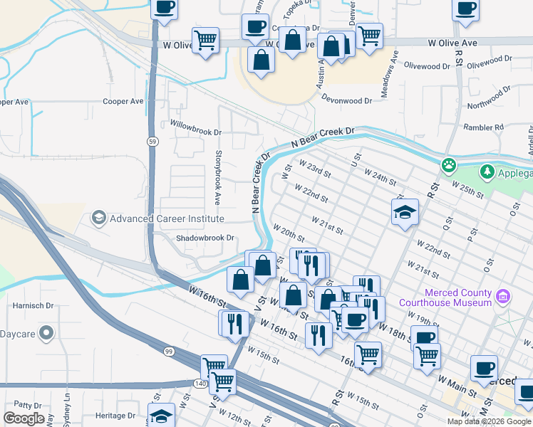 map of restaurants, bars, coffee shops, grocery stores, and more near 2021 W Street in Merced
