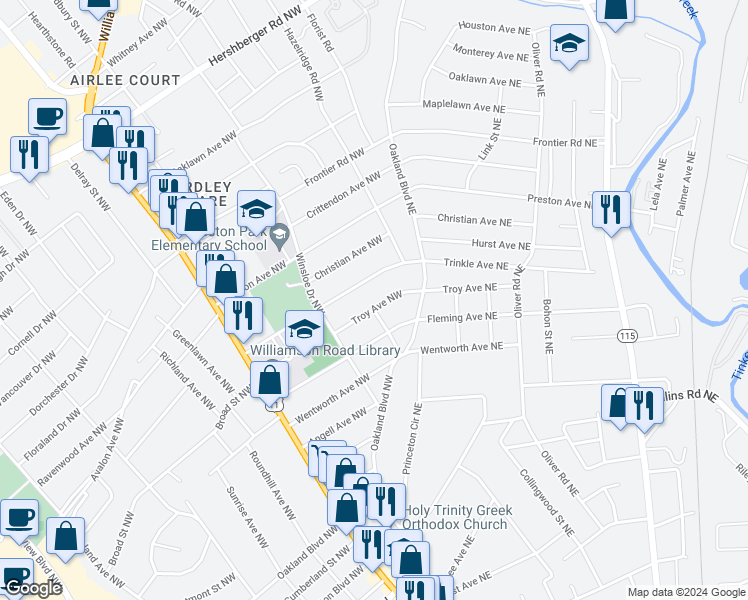 map of restaurants, bars, coffee shops, grocery stores, and more near 3302 Troy Avenue Northwest in Roanoke