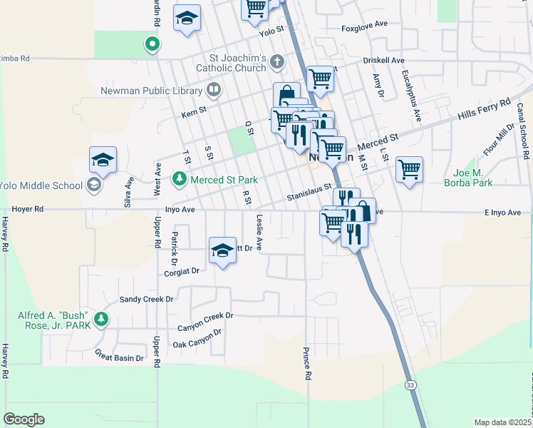 map of restaurants, bars, coffee shops, grocery stores, and more near 1222 Inyo Avenue in Newman