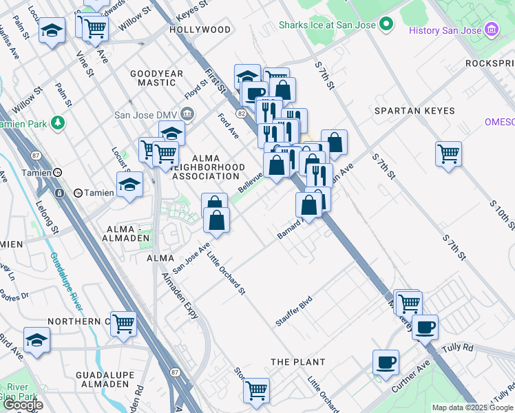 map of restaurants, bars, coffee shops, grocery stores, and more near 110 San Jose Avenue in San Jose