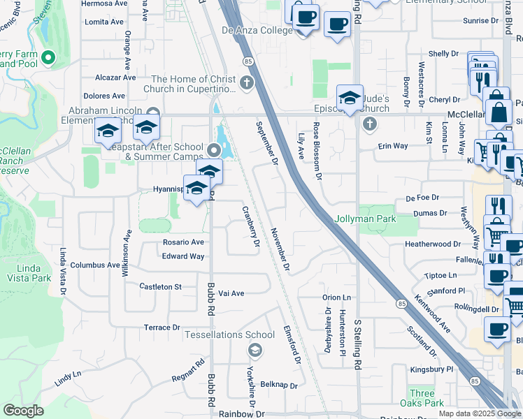 map of restaurants, bars, coffee shops, grocery stores, and more near 993 November Drive in Cupertino