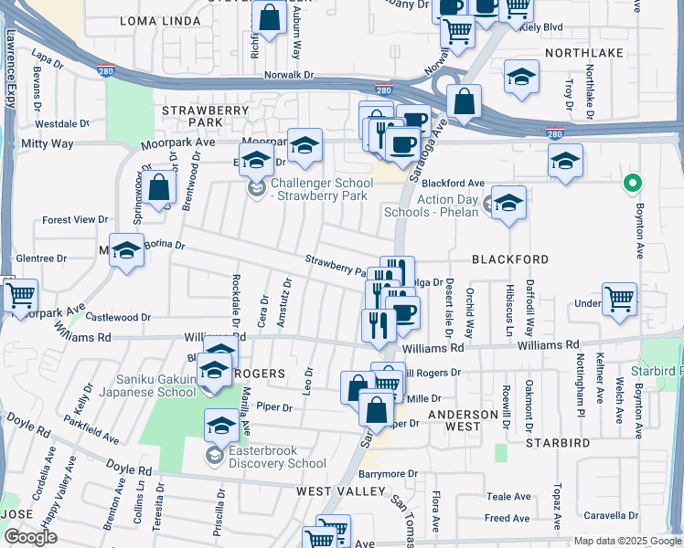 map of restaurants, bars, coffee shops, grocery stores, and more near 4388 Strawberry Park Drive in San Jose